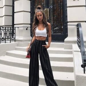 I.AM.GIA. | Black Pinstripe High Waist, Wide Leg Cropped Trouser Pants••Academia